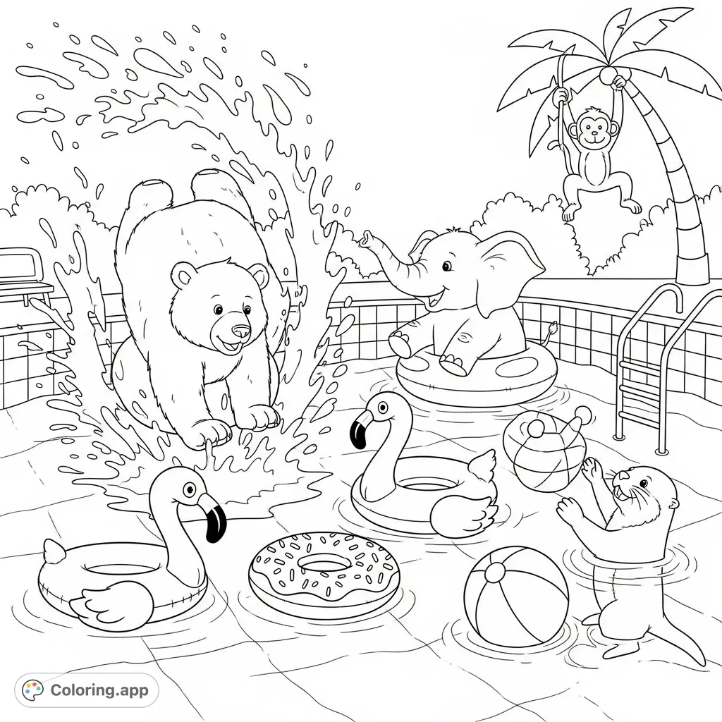A lively animal pool party coloring page featuring cheerful animals splashing, inflatable toys, and a flying beach ball in a dynamic splash zone.