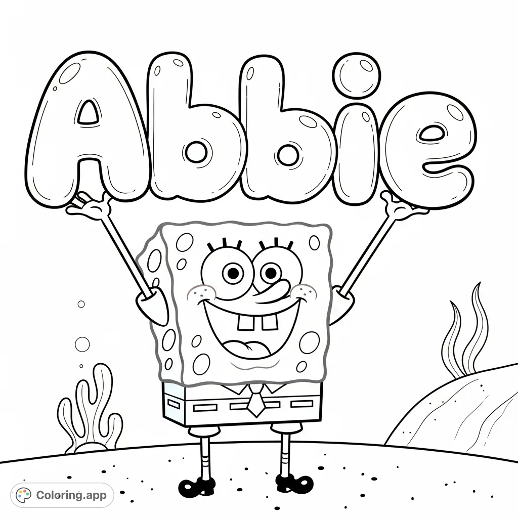 SpongeBob SquarePants beams happily, holding aloft cheerful, three-dimensional bubble letters spelling 'Abbie'. A fun, personalized cartoon coloring page!