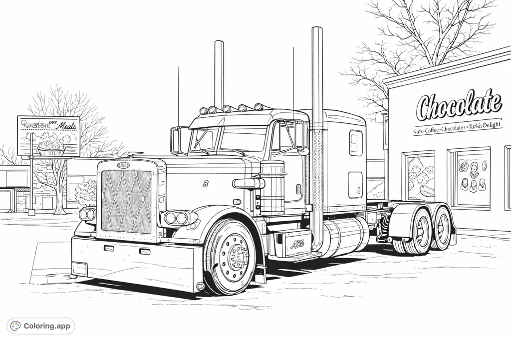 Color a detailed classic semi truck, showcasing its powerful design, chrome accents, and a storefront background. Perfect for vehicle enthusiasts!