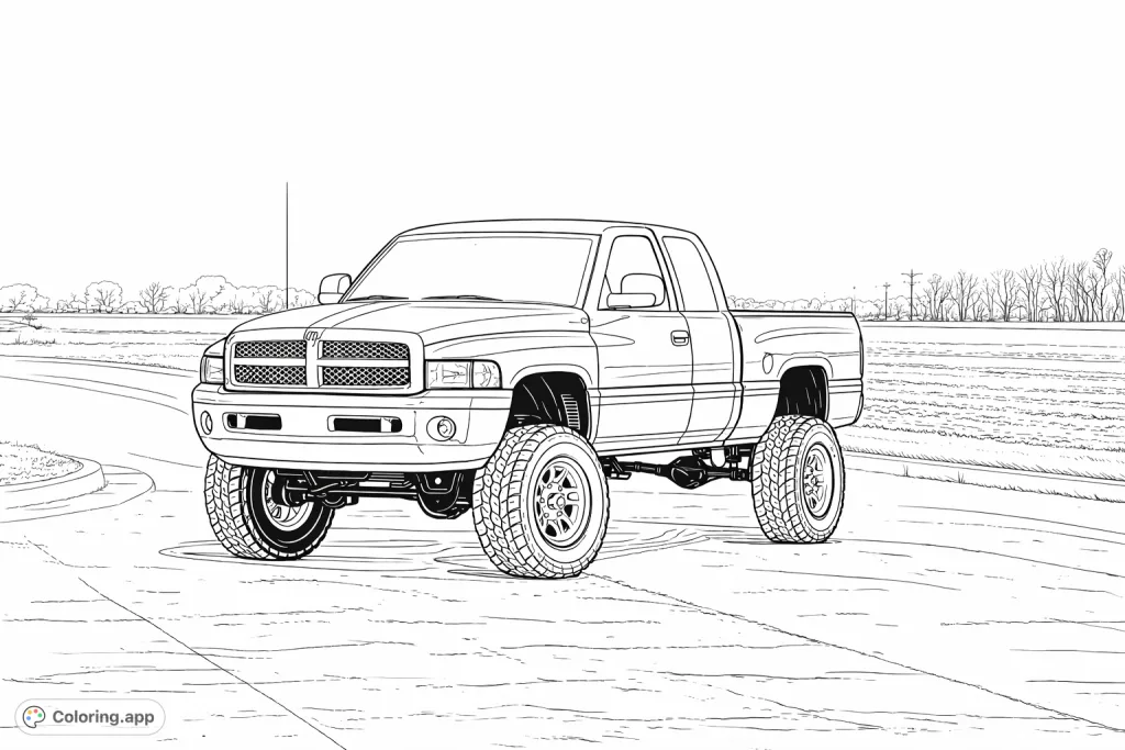 Color a powerful lifted pickup truck with detailed features, massive tires, and a rugged stance. Perfect for automotive enthusiasts.