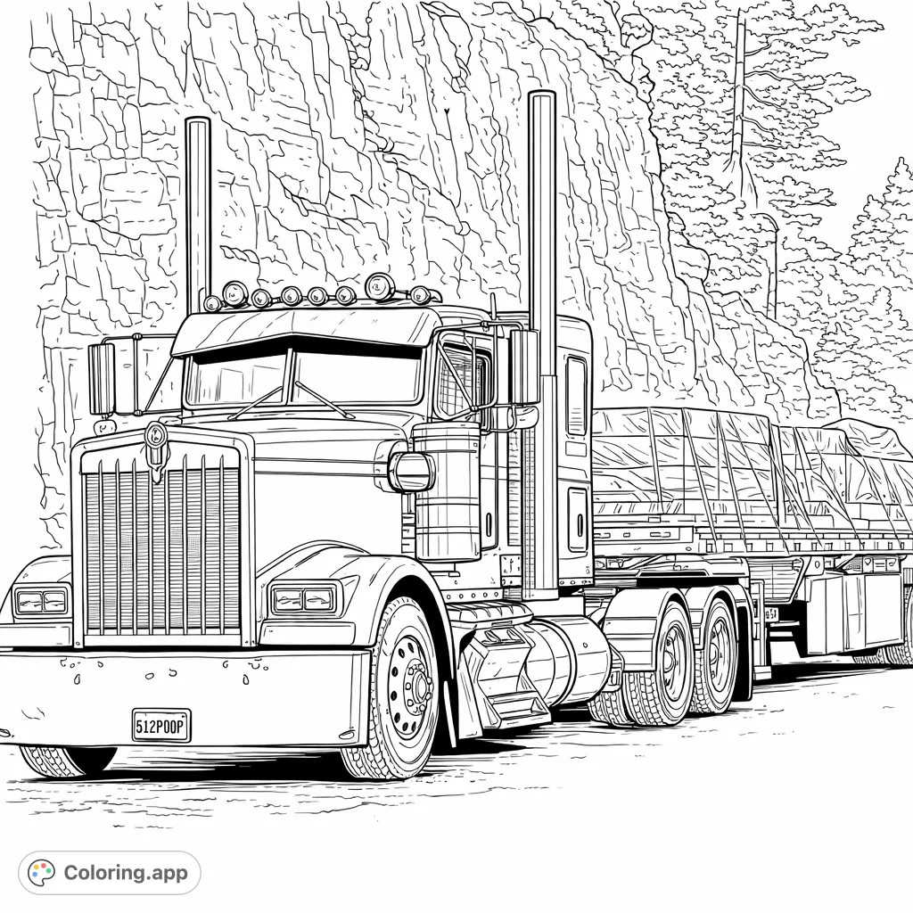 Detailed semi-truck on a scenic mountain road, ready for a long haul. Perfect for enthusiasts to color every intricate detail and powerful line.