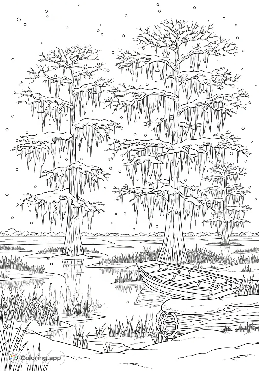 Experience a rare winter scene with snow gently falling over a peaceful bayou, featuring snow-dusted cypress trees, Spanish moss, and still, reflective waters.