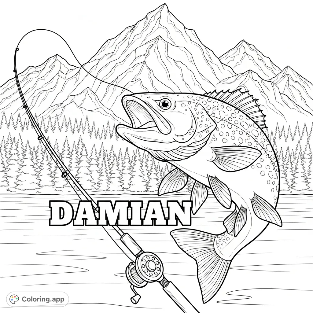 Capture the excitement of a dynamic fishing adventure featuring a magnificent leaping fish, rugged mountains, dense forests, and a personalized touch.