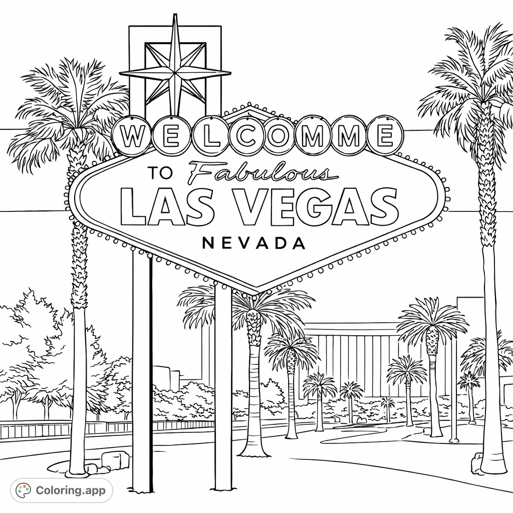 Color the iconic Welcome to Fabulous Las Vegas sign, surrounded by majestic palm trees and distant cityscape. A perfect travel-themed coloring page for all ages.