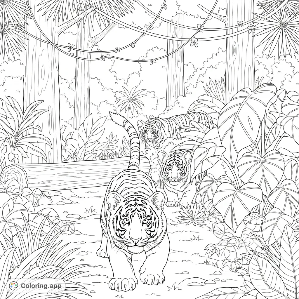 A captivating jungle tiger cubs coloring page featuring three young tigers stealthily prowling amidst lush foliage and ancient trees, ready for adventure.