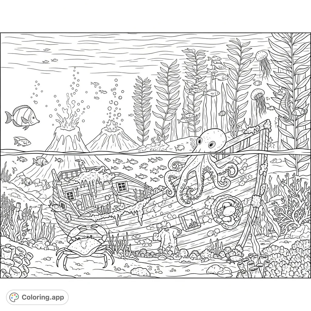 Explore a dynamic ocean life coloring page featuring a shipwreck, volcanic vent, and a vibrant kelp forest teeming with diverse marine creatures for a captivating underwater adventure.