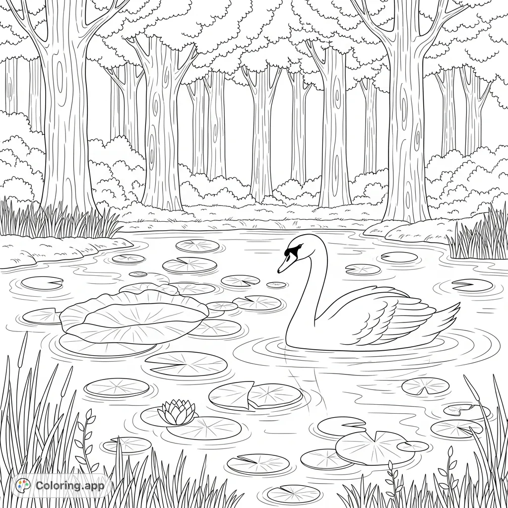 Discover a tranquil forest pond with a graceful swan and intricate lily pads. A beautiful nature scene, perfect for relaxing coloring moments.