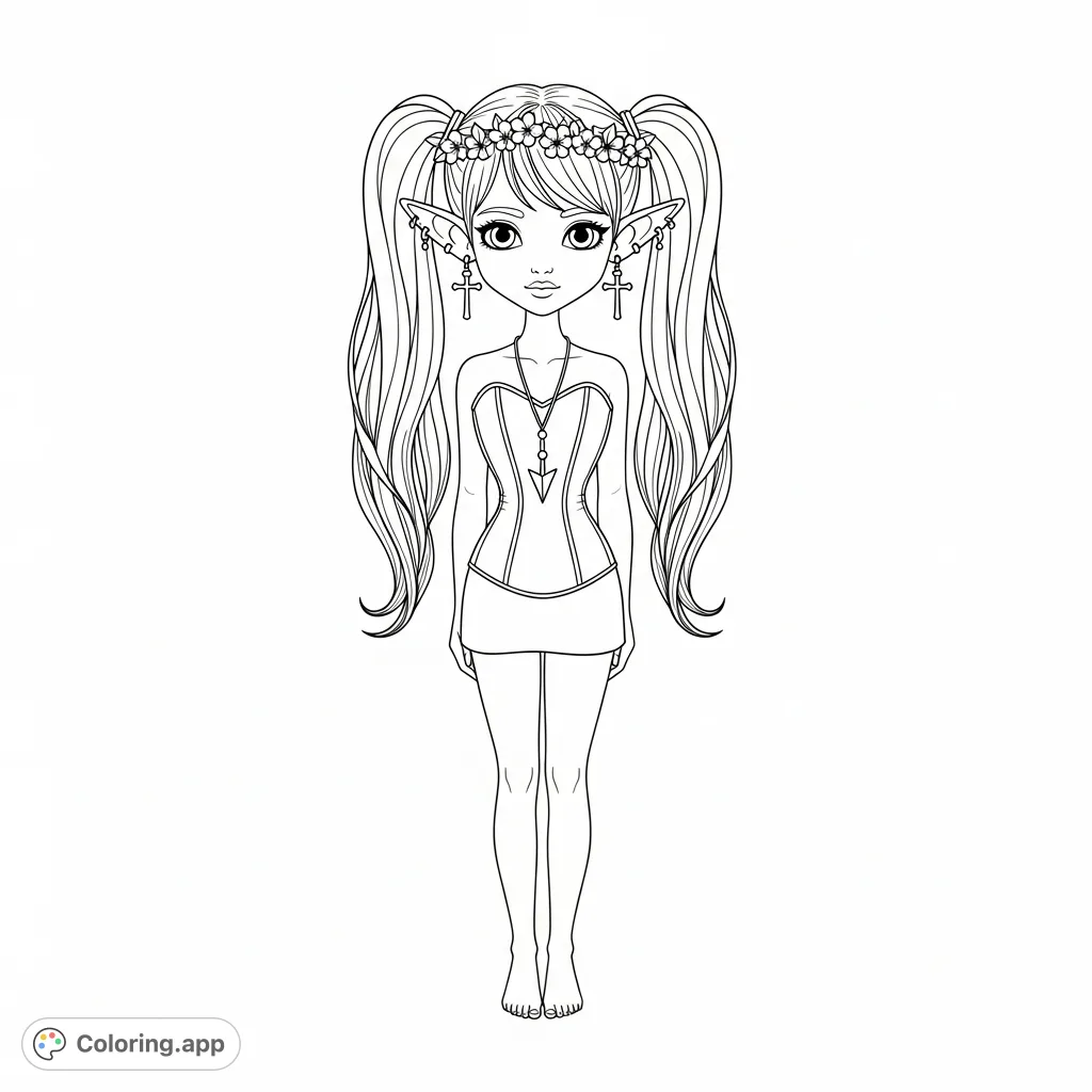 A captivating elf girl with ombre pigtails, a sakura wreath, Jesus-cross earrings, and a detailed corset-dress. Perfect for fantasy fans.