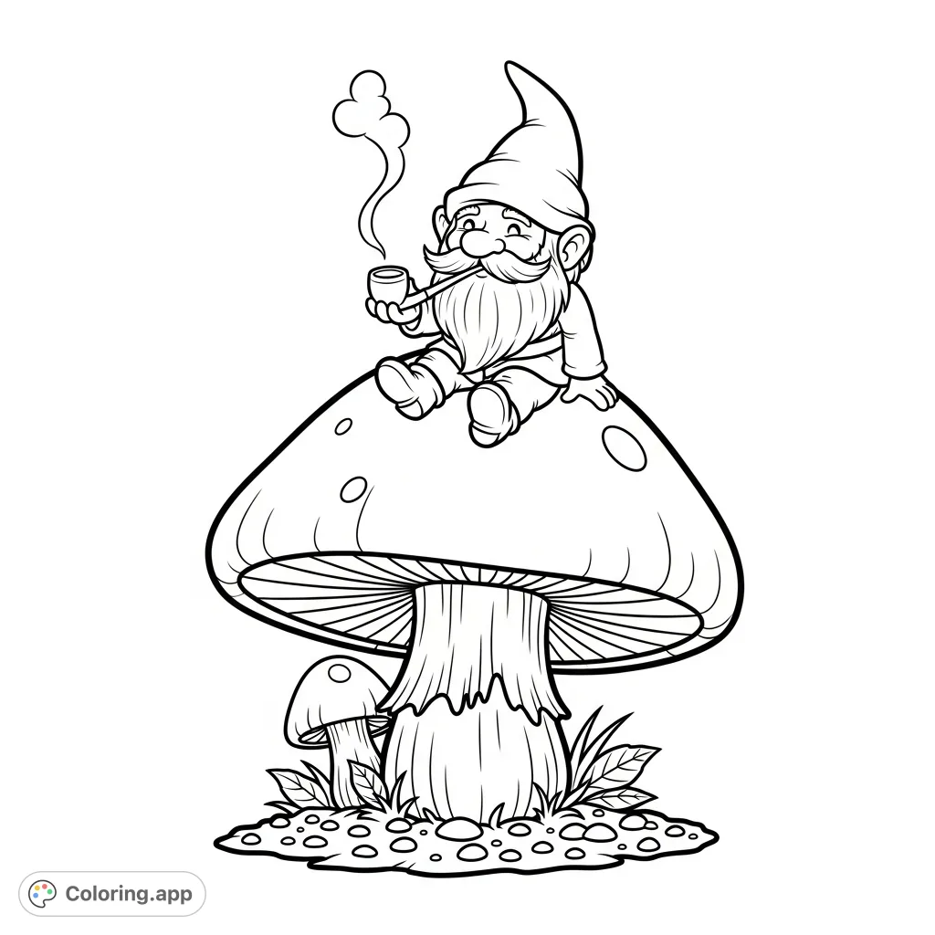 A charming gnome perched on a large mushroom, peacefully enjoying its pipe with a plume of smoke, set in a whimsical forest glade. A unique adult coloring page.