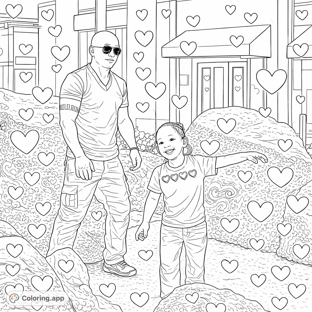 A joyful adult and child exploring a park, surrounded by boulders and subtle heart patterns. Perfect for a heartwarming coloring experience for all ages!