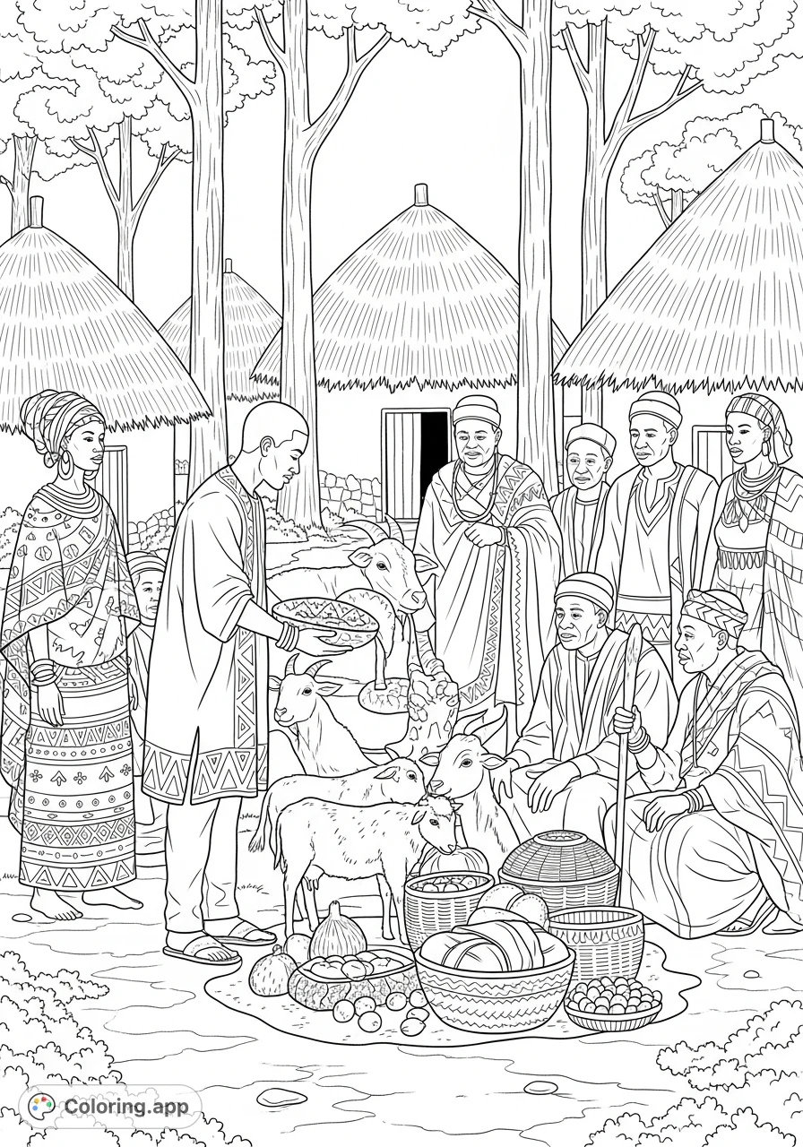 Explore a traditional African bride price ceremony with a groom offering gifts to the bride's family in an intricately detailed cultural scene.