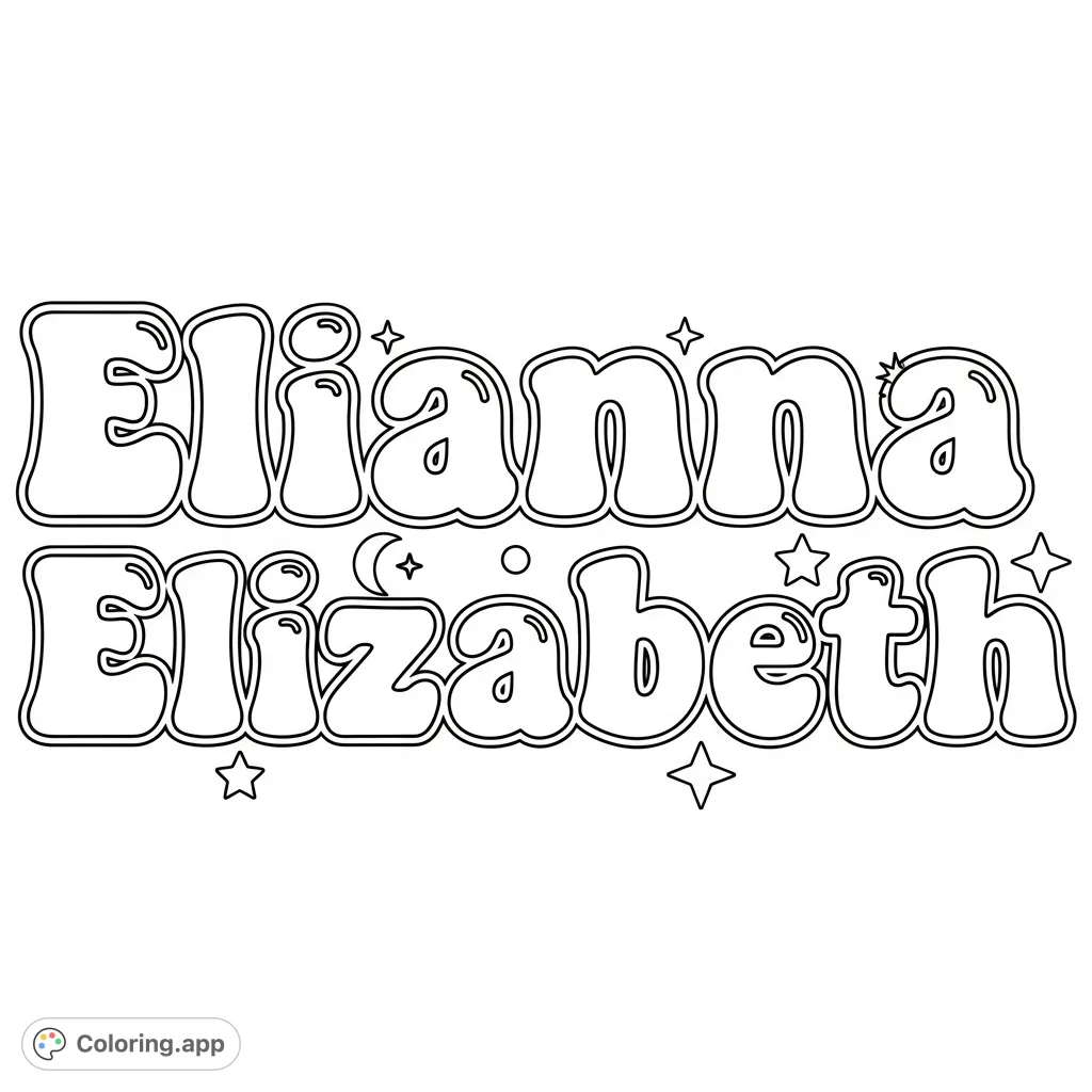 Color the personalized name Elianna Elizabeth in a fun bubble letter style. Perfect for custom decor, learning names, or a relaxing creative activity.