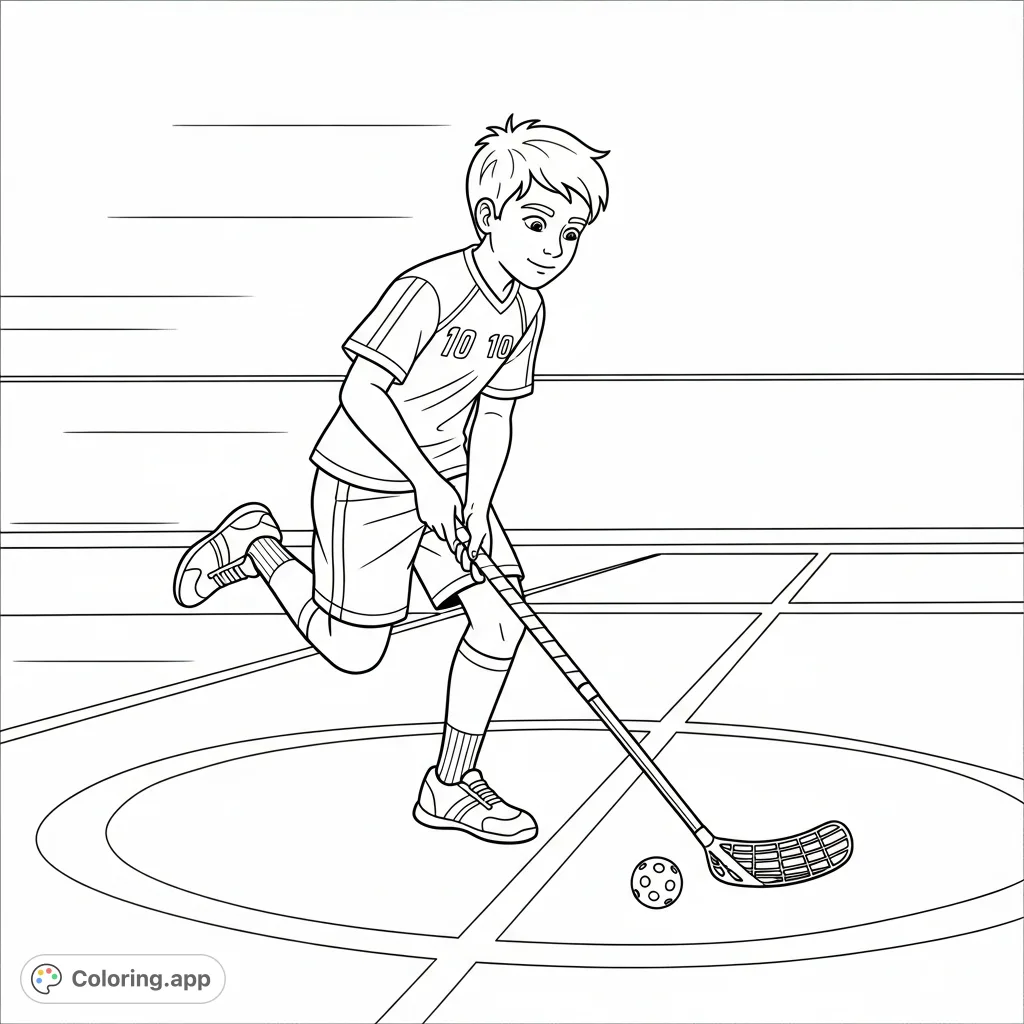 Capture the excitement of a 10-year-old boy playing floorball on an indoor court, showcasing athletic movement and focus. Perfect for sports fans!