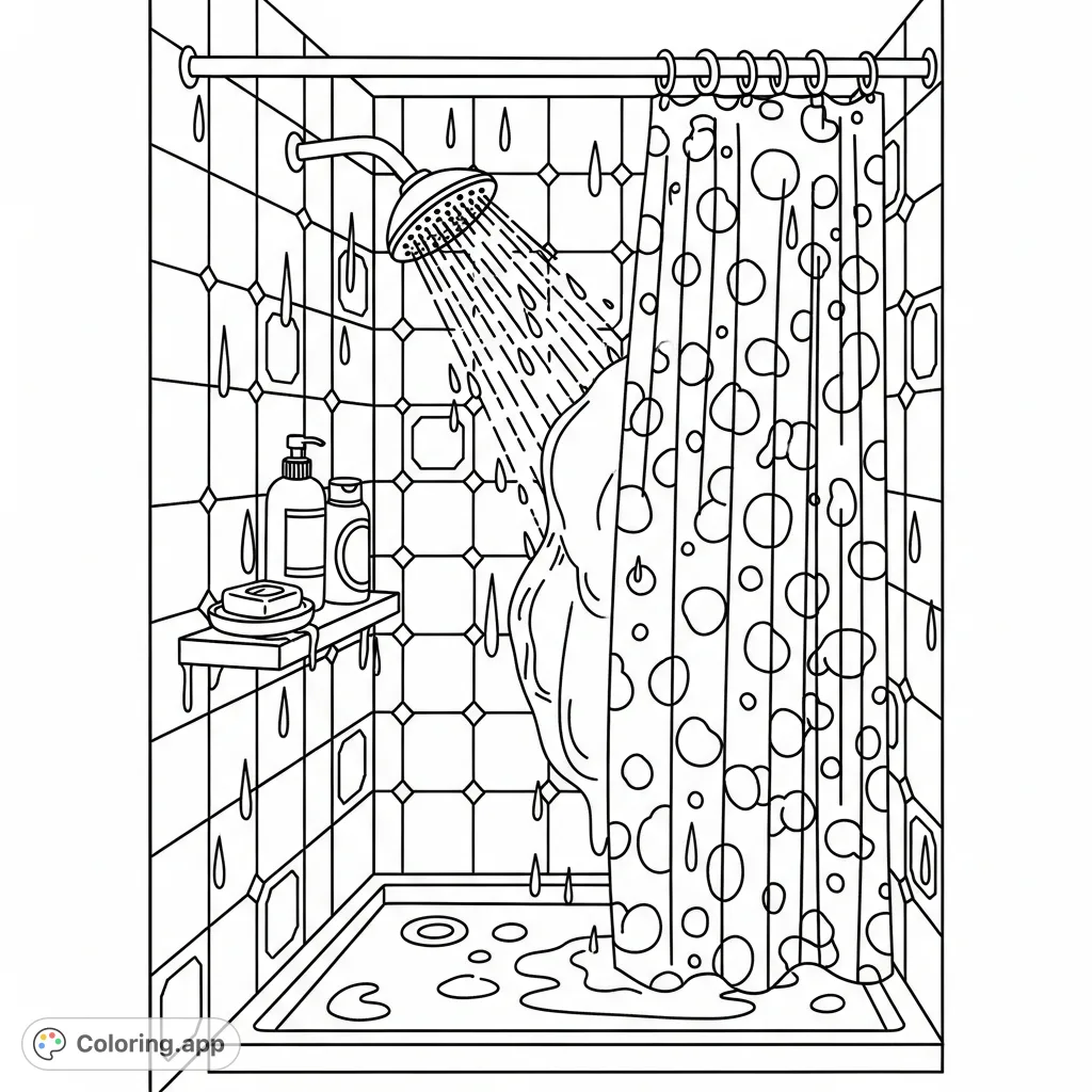 Unwind with this detailed shower scene coloring page featuring cascading water, textured tiles, and bath essentials. Perfect for relaxation!
