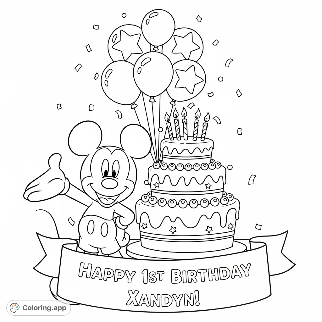 Celebrate a special milestone with this Mickey Mouse birthday coloring page featuring a cake, balloons, and a personalized 'Happy 1st Birthday Xandyn!' message.