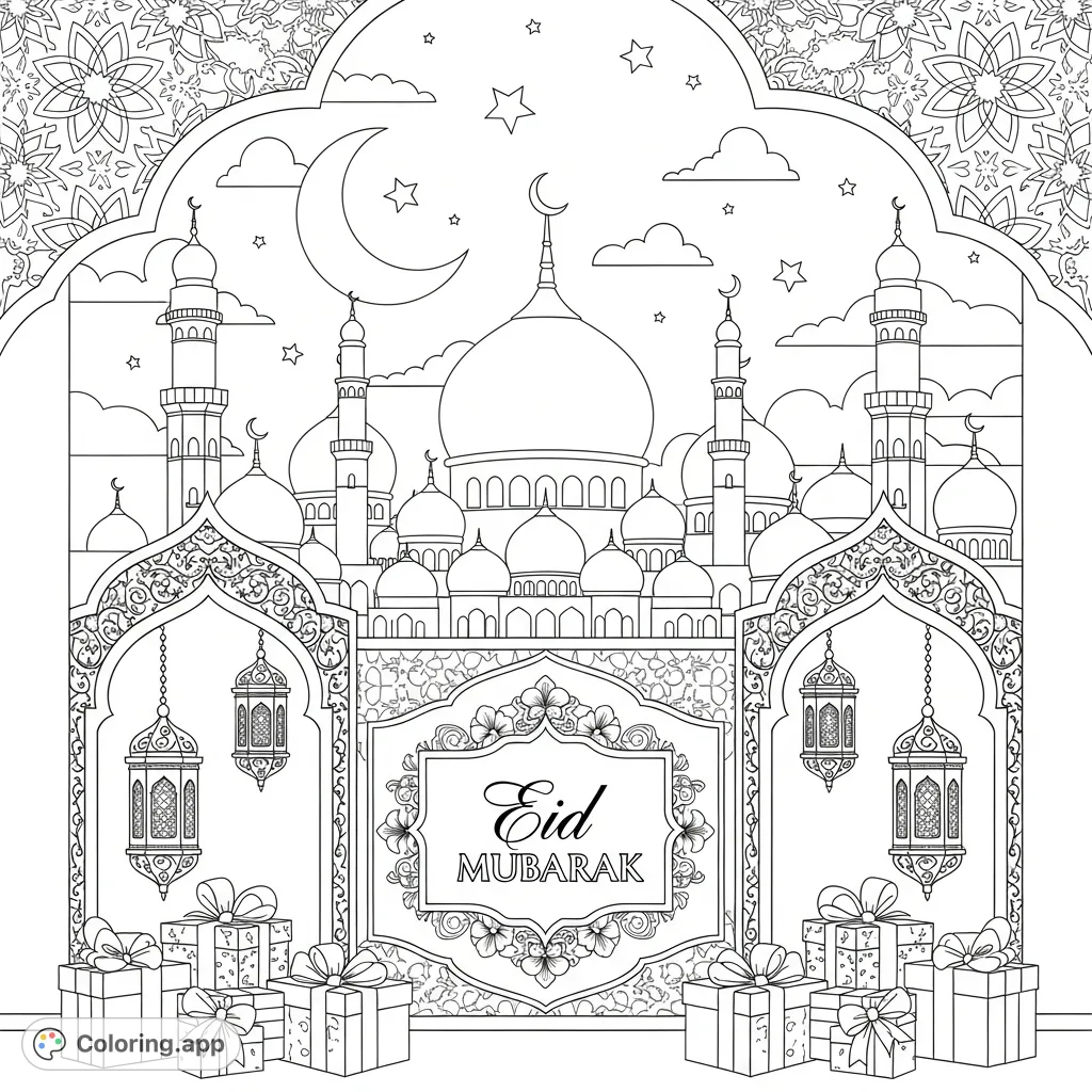 Celebrate with this intricate Eid Mubarak coloring page featuring a grand mosque, crescent moon, stars, lanterns, "Eid Mubarak" calligraphy, and decorative patterns. A beautiful cultural activity.