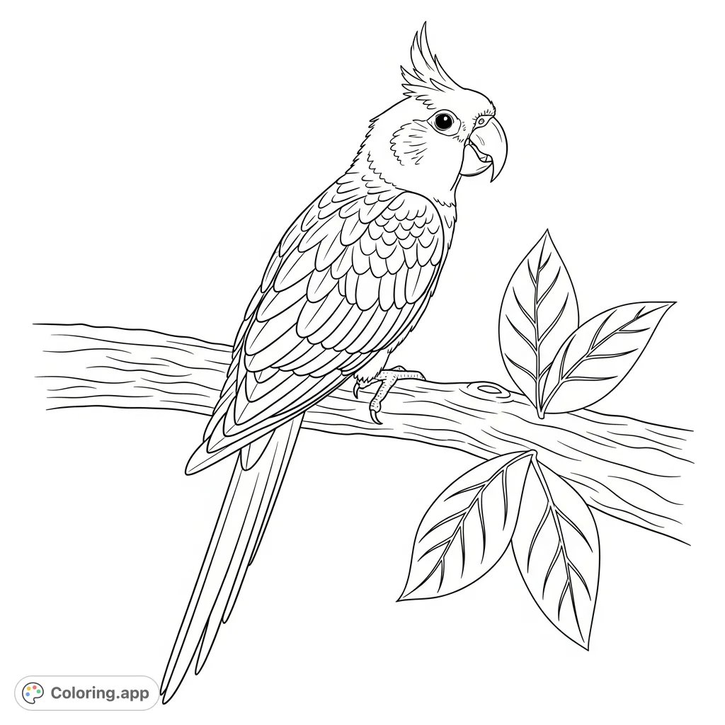 Capture the beauty of a Sunconure bird perched on a branch in this delightful coloring page. Perfect for bird lovers to bring vibrant hues to its feathers.