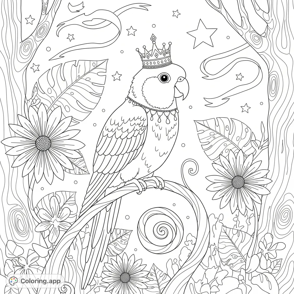 A majestic Princess sunconure parrot, crowned and adorned, surveys a whimsical wonderland of exotic flora and enchanted elements. A fantastical nature scene.