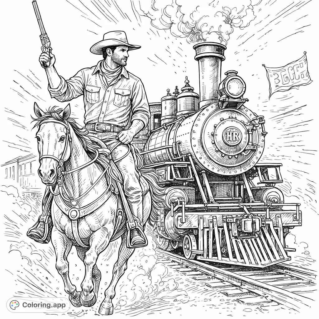 Experience the wild west with a detailed cowboy on horseback alongside a powerful steam train. A dynamic composition perfect for intricate coloring.