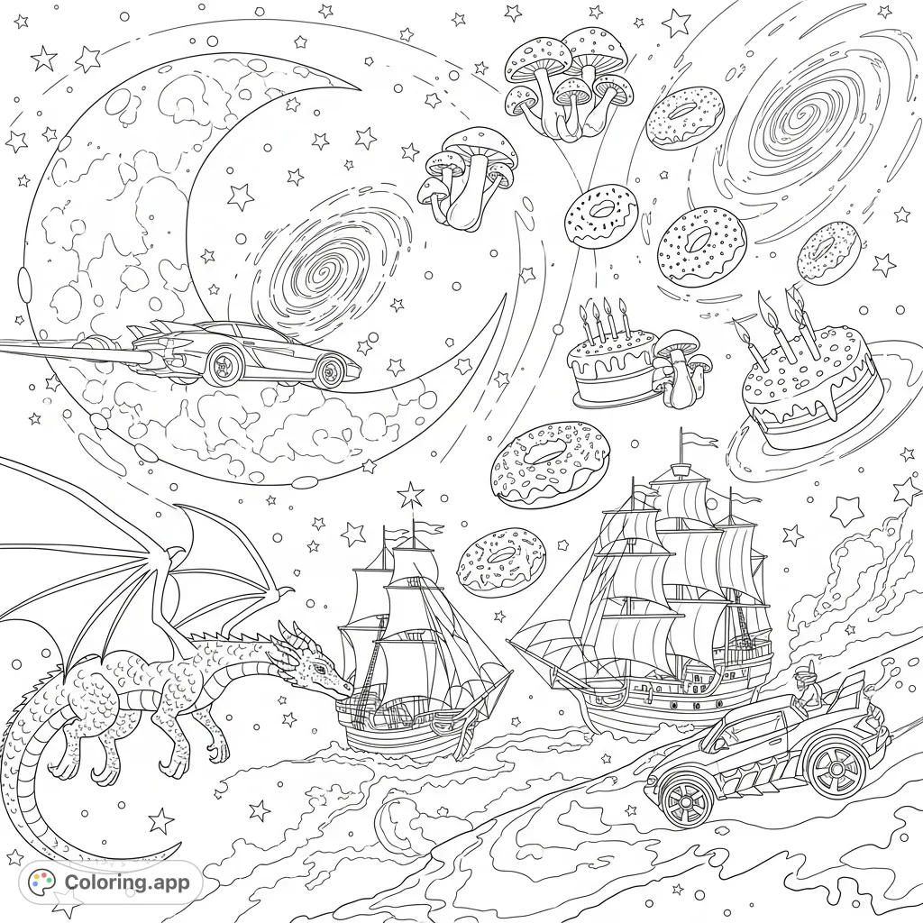 Embark on a whimsical space journey! A majestic dragon, a grand pirate ship, and a Hotwheels shredster navigate a cosmic scene filled with stars, planets, and floating treats.