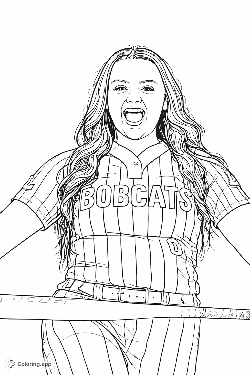 A dynamic softball player in uniform, holding a bat with an enthusiastic expression. Perfect for sports fans to color and celebrate athletic spirit and team pride.