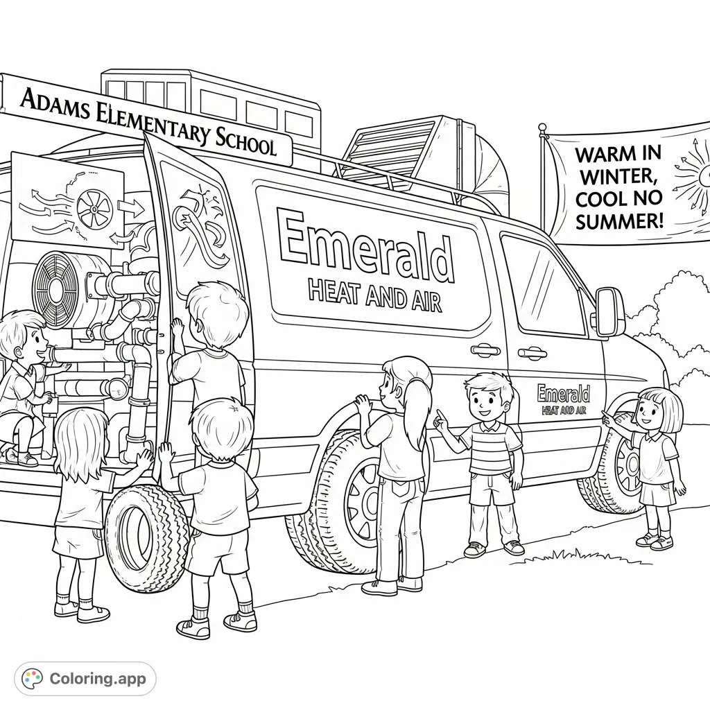 Discover the 'Emerald Heat and Air' van at Adams Elementary School, with children exploring its details and a 'Warm in Winter, Cool in Summer!' banner.