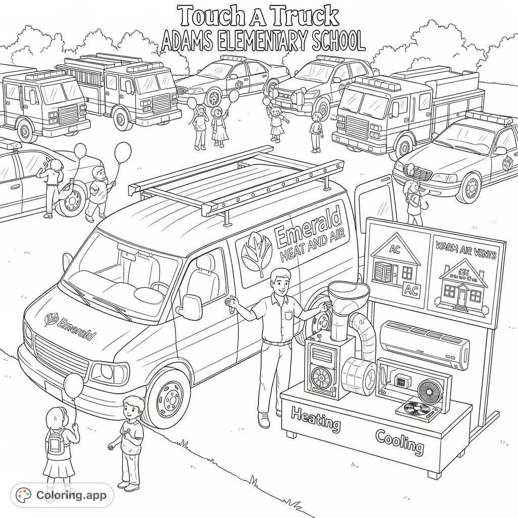 Explore a lively 'Touch a Truck' event featuring a service van, fire truck, police car, and kids interacting with vehicle models. A fun, free printable coloring page!