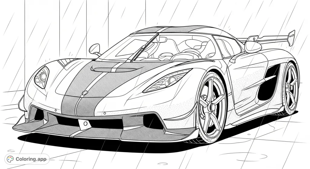 Experience the thrill of coloring a detailed Koenigsegg Jesko Attack, showcasing its carbon fiber body and sleek design in a dynamic, rainy, modern setting.