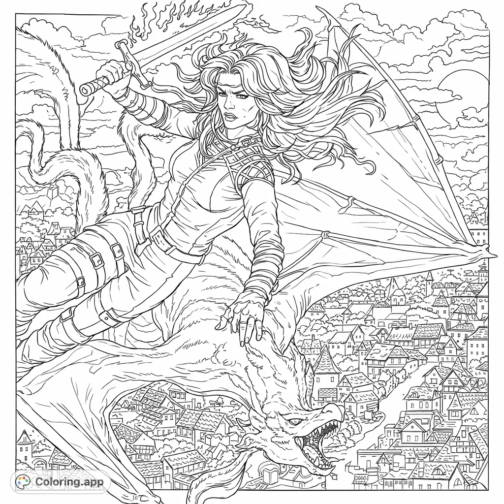 A heroic figure soars on a powerful winged beast above a detailed fantasy town, brandishing a shimmering sword. An epic adventure awaits your creative touch.