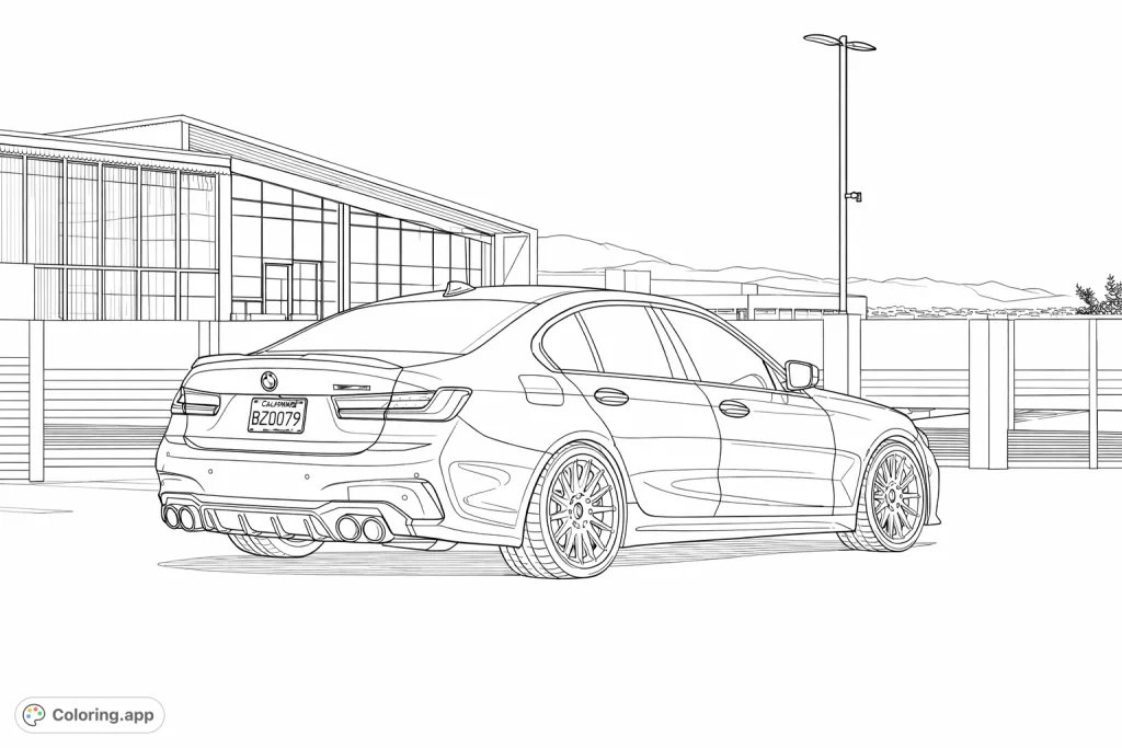 A dynamic modern sport sedan with custom wheels and performance features, set against a contemporary architectural background on a spacious parking deck.