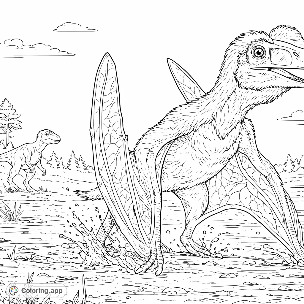 Dive into a prehistoric scene with a feathered winged dinosaur splashing through mud, pursued by a powerful bipedal creature. A dynamic dinosaur coloring page for adventure.