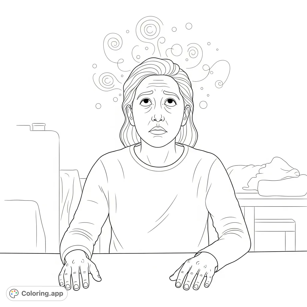 A self-deprecating adult, caught in a moment of sarcastic overthinking, stares blankly into space amidst a swirl of abstract thoughts.