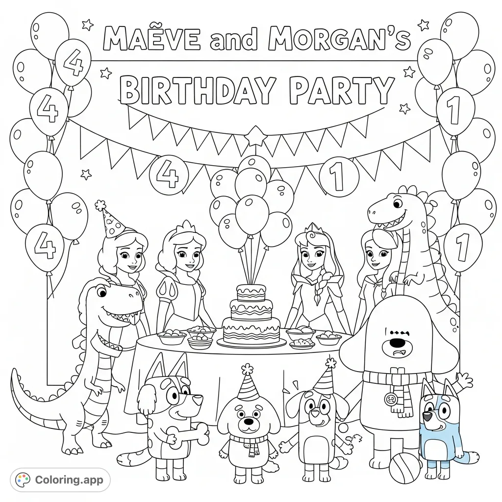Celebrate with Maeve and Morgan! This fun coloring page features beloved characters like princesses, dinosaurs, and puppies around a party table, perfect for a festive birthday scene.