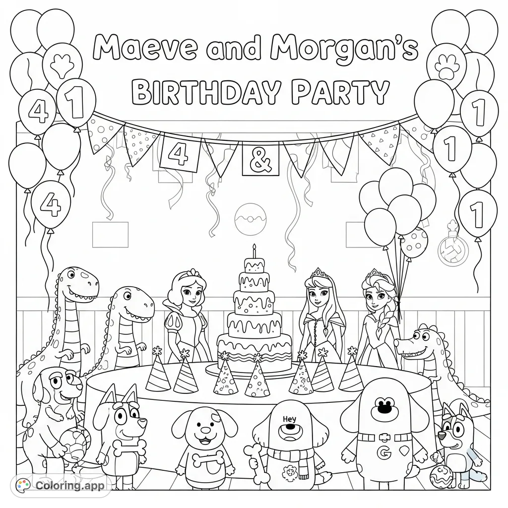 A delightful birthday party scene featuring Maeve and Morgan's celebration with diverse guests, a tiered cake, balloons, and iconic characters.