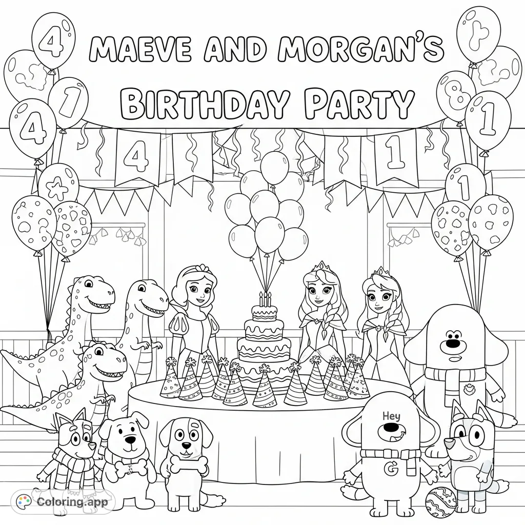 Join Maeve and Morgan's grand birthday celebration! This free printable coloring page features beloved characters, festive decor, and detailed party scenes.