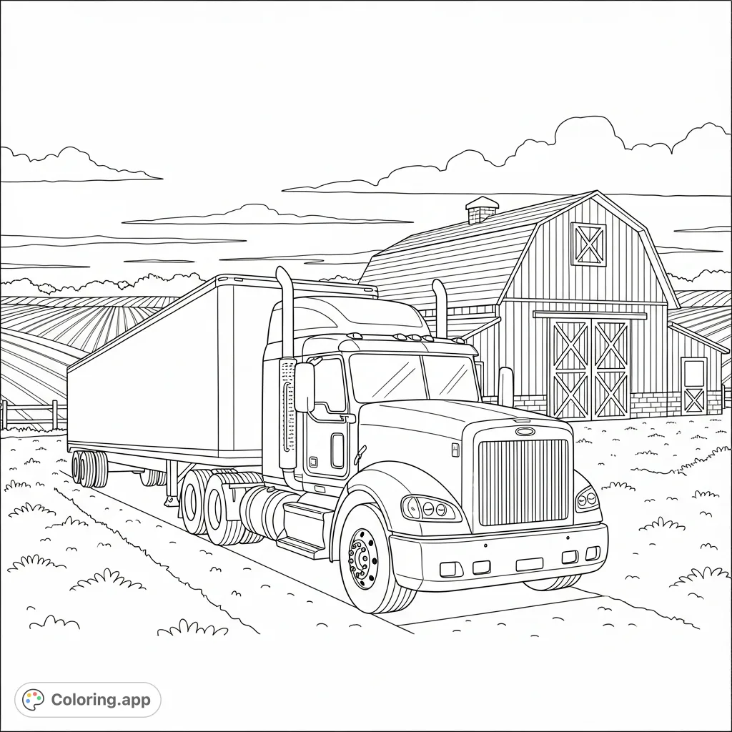 Color a detailed tractor trailer on a bustling farm with a classic barn and expansive fields. Perfect for truck and farm enthusiasts!