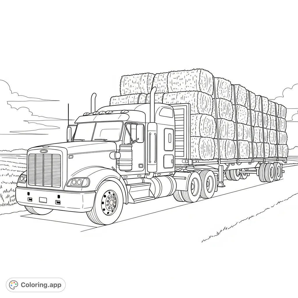 Haul a full load of farm goodness! Color a mighty flatbed truck carrying numerous hay bales through a scenic countryside. Perfect for truck enthusiasts.