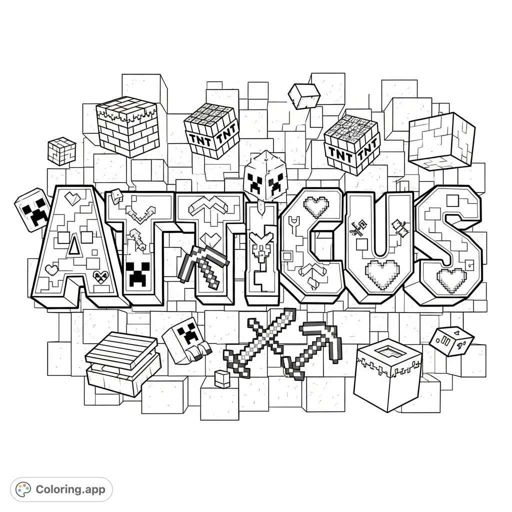 Unleash your creativity with this Atticus Minecraft graffiti coloring page! Features bold, pixelated letters adorned with creepers, pickaxes, and more, set against a blocky background.