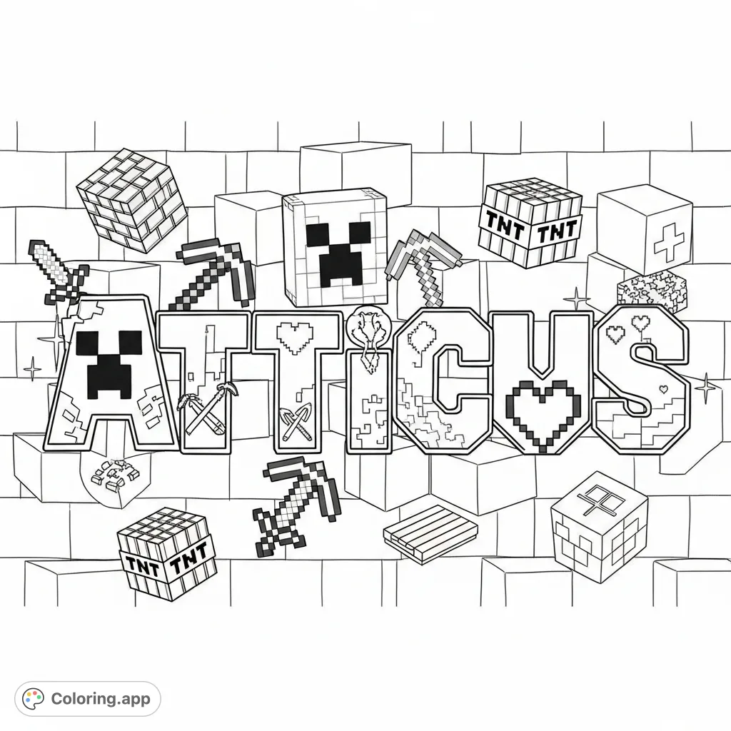 An exciting Minecraft graffiti coloring page featuring the name "Atticus" adorned with creeper faces, pickaxes, and pixelated blocks, perfect for fans.