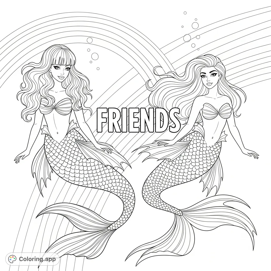 Dive into friendship with two graceful mermaids, a vibrant rainbow, and the heartwarming word "FRIENDS" on this enchanting coloring page.