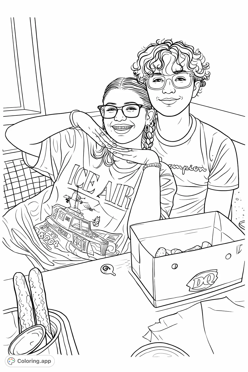 Capture a fun moment with friends enjoying snacks at a restaurant. Perfect for personalizing outfits and expressions in this casual hangout scene.