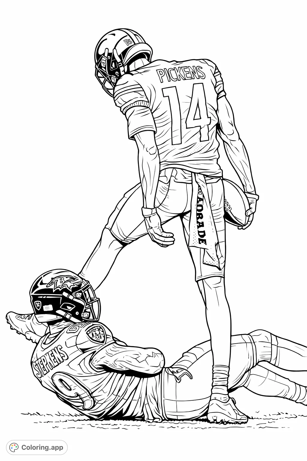 Capture the intensity of a football game with two players in action: one standing triumphantly, the other grounded.