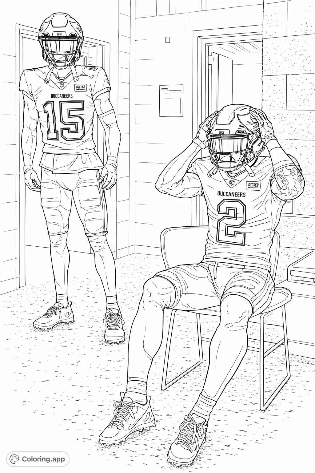Experience the intensity of game day preparations with this football players coloring page, featuring two athletes in full uniform in a locker room.