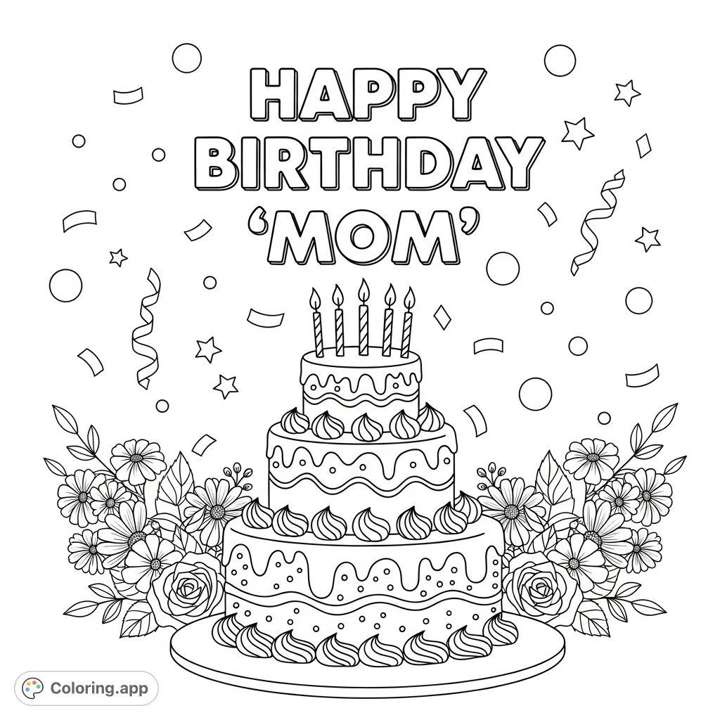 Celebrate Mom with a heartfelt 'Happy Birthday' message, a festive multi-tiered cake, scattered confetti, and elegant floral arrangements. Perfect for expressing love.