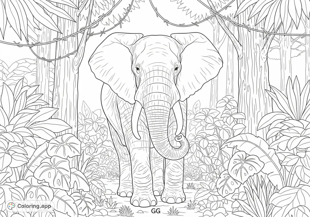 Discover a majestic elephant amidst dense jungle foliage, featuring intricate details perfect for coloring. Includes the name 'GG' for a personalized touch.