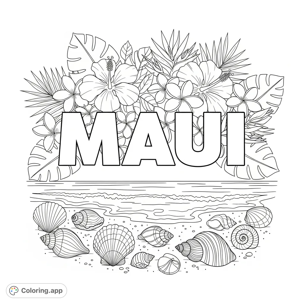 A charming Maui tropical coloring page featuring prominent text, lush flowers, and a serene ocean with seashells, perfect for a relaxing escape.