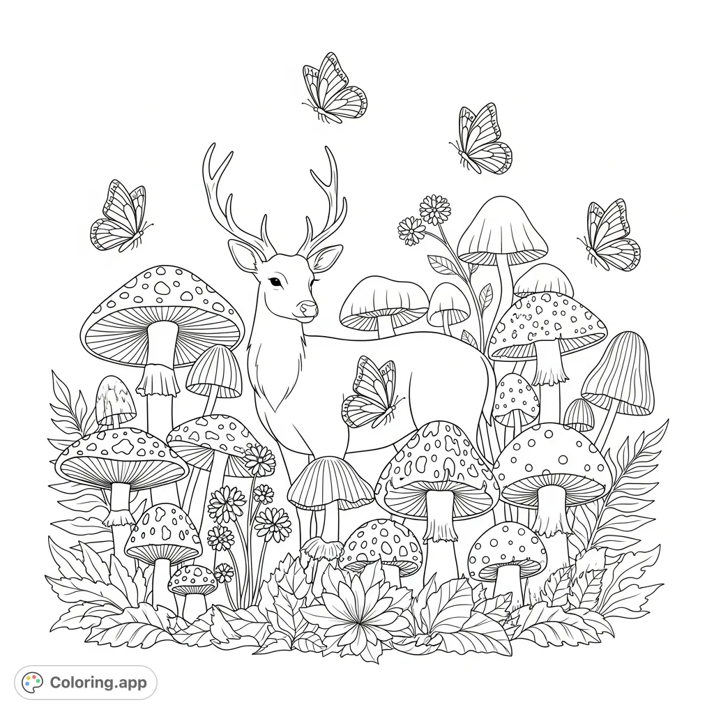 Discover a tranquil woodland scene featuring a graceful deer, delicate butterflies, and an array of detailed mushrooms and plants. A captivating nature coloring page.
