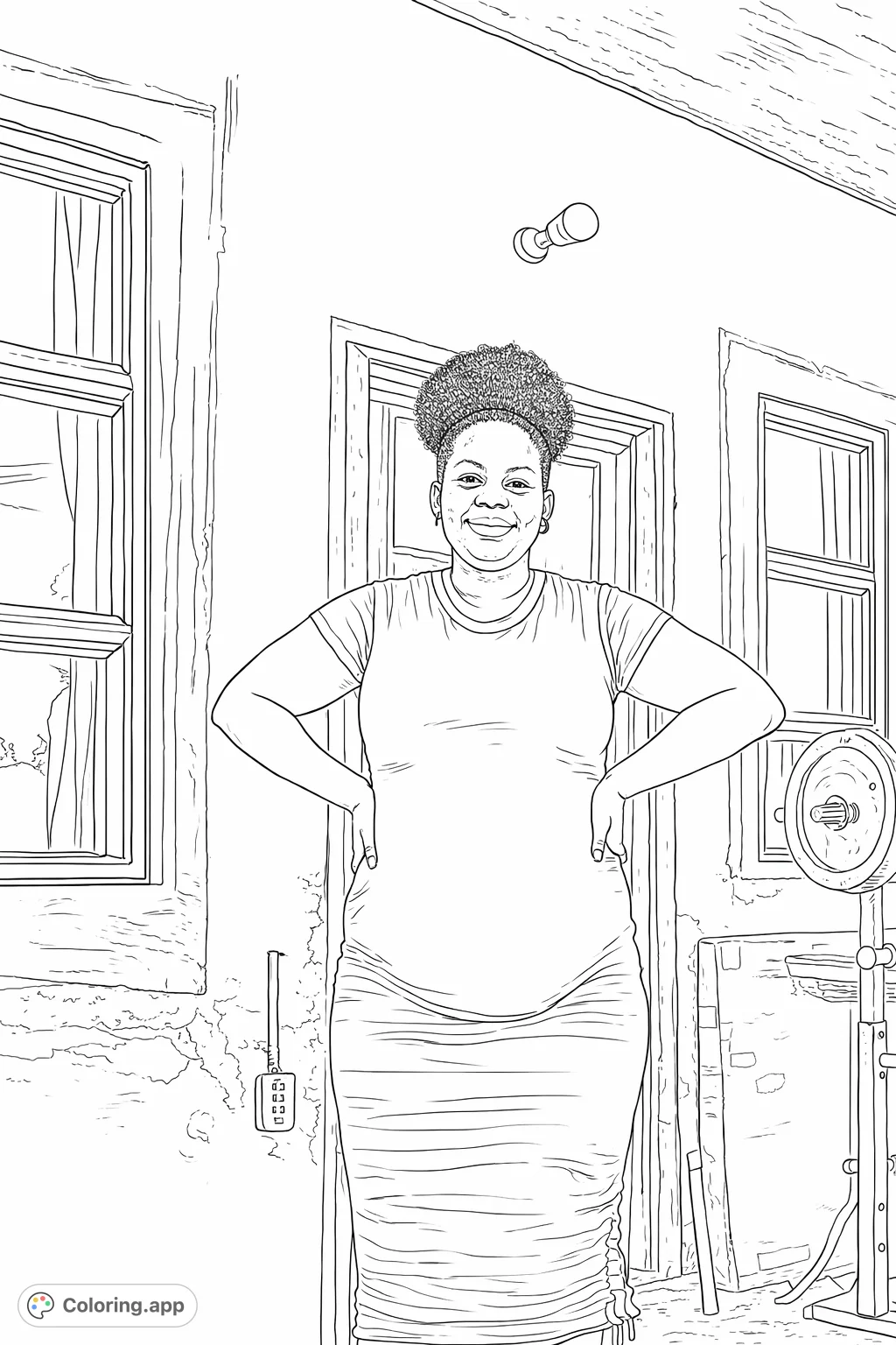 Celebrate the journey of motherhood with this expectant mother coloring page, depicting a joyful figure standing confidently against a textured building.
