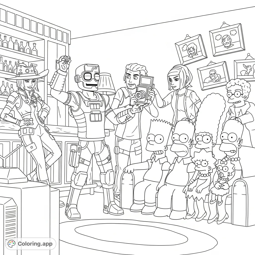 A fantastic crossover coloring page featuring Claptrap, Moxxi, Max, Chloe, and The Simpsons, gathered in an iconic setting for endless creative fun.