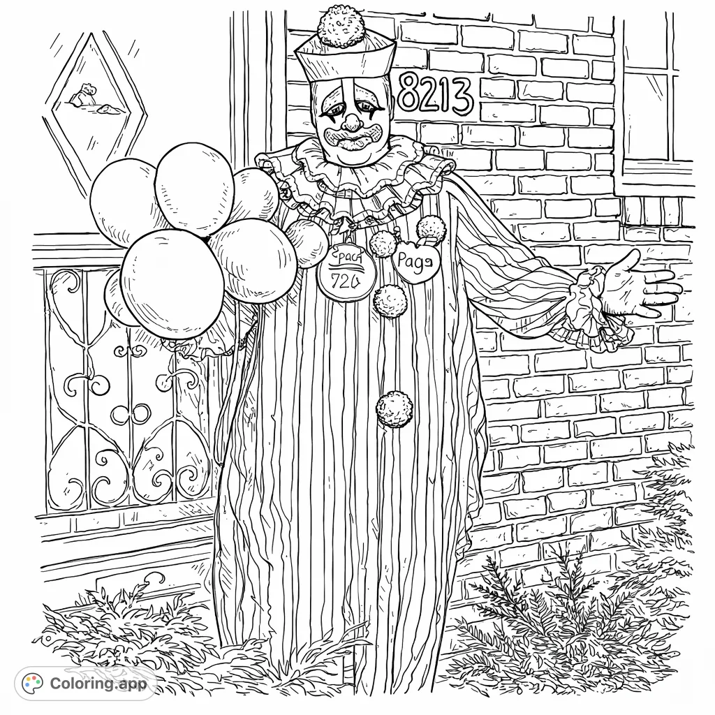 Dive into a highly detailed clown coloring page featuring a costumed character with balloons, intricate ruffles, stripes, and a brick house background.